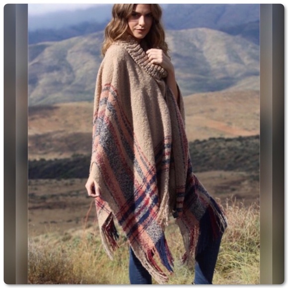 Beige Brown Soft Fringe Poncho by Angie - Picture 2 of 3